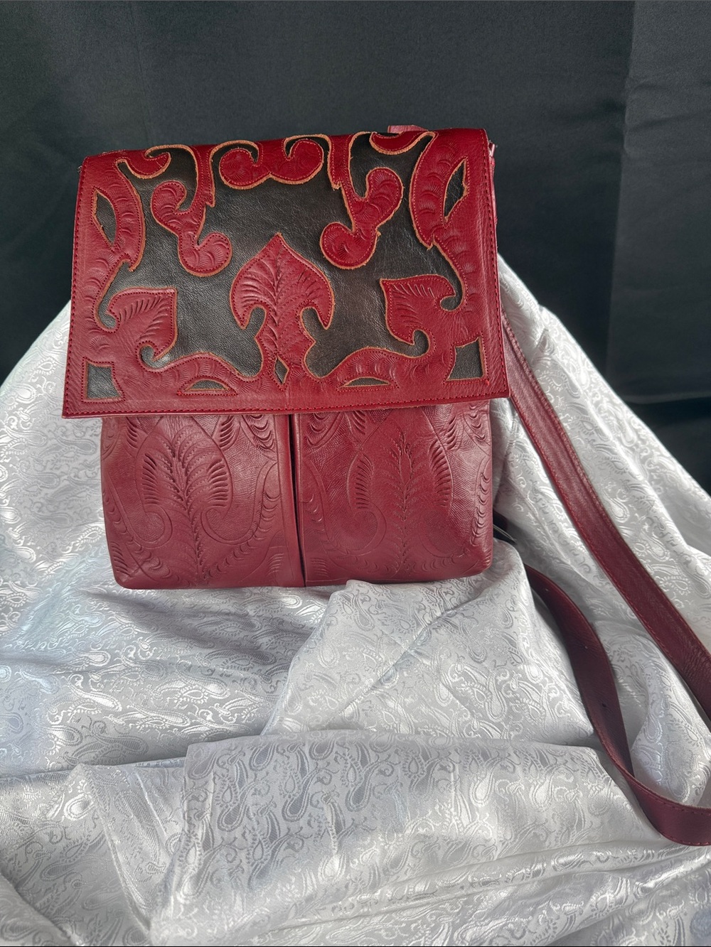 Handcrafted Red Leather Crossbody Bag with Tooled Flap